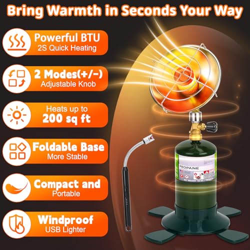 Portable Propane Heater for Camping Outdoor Space Garage Patio Heater 6200BTU Power with Control Valve Cordless 1lb Small Propane Foldable Gas Tank Holder for Fishing Hunting Tent Garage Backyard Use