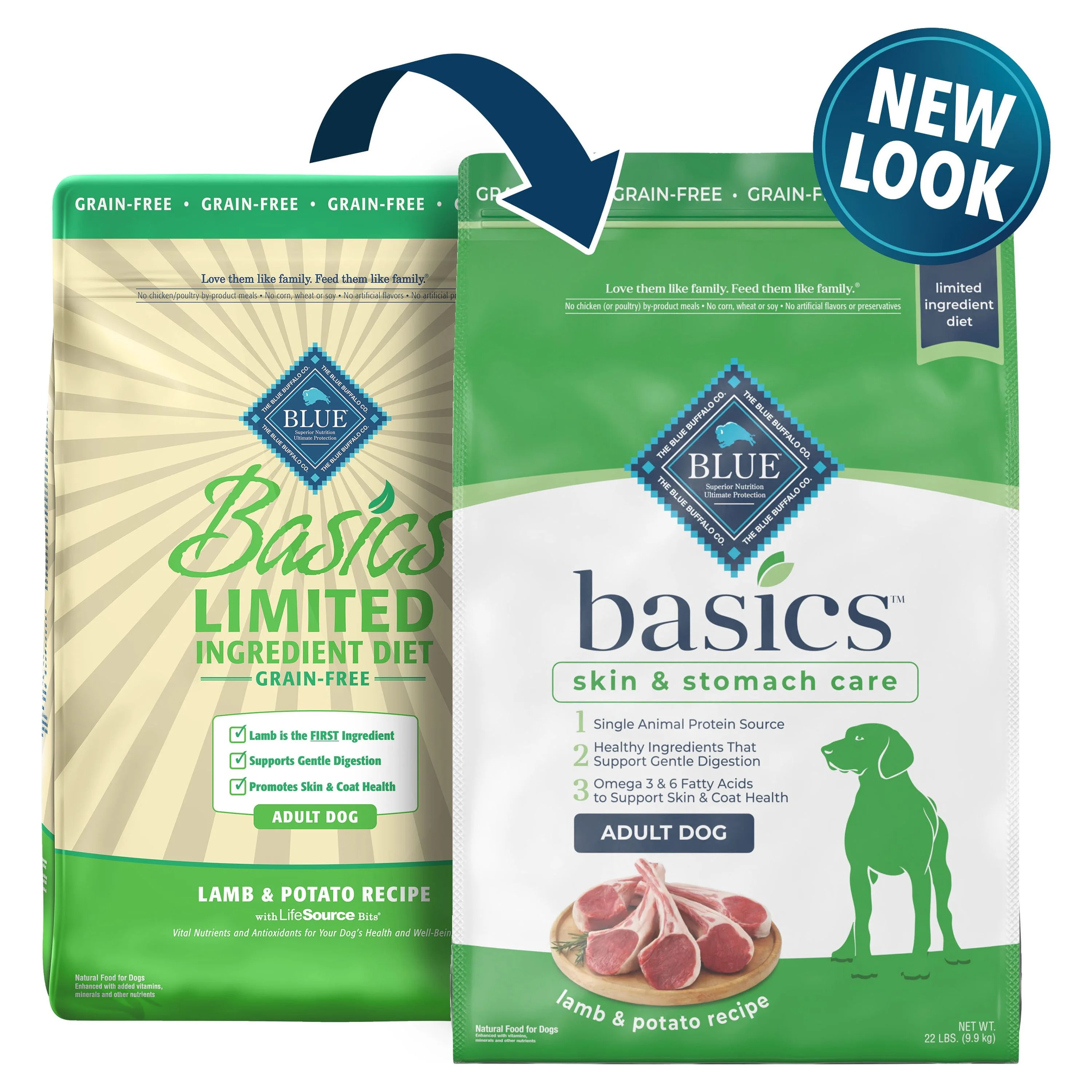 Blue Buffalo Basics Skin & Stomach Care Lamb and Potato Dry Dog Food for Adult Dogs, Grain-Free, 22 lb. Bag