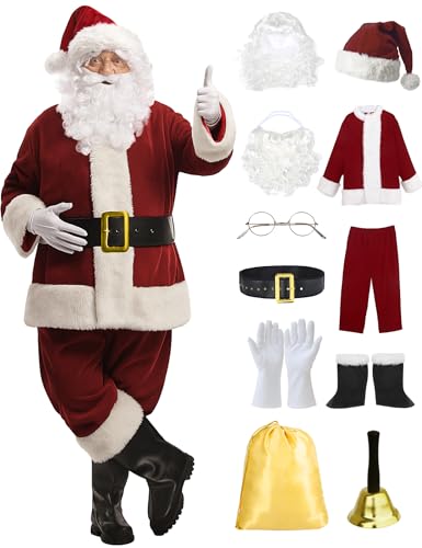 ADOMI Santa Claus Costume for Men Adults Santa Suit 11pcs Mens Red Deluxe Christmas Clause Outfit Cosplay Vacation Suits Set