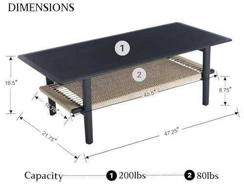 Farmhouse Coffee Table for Living Room 2-Tier Coffee Table with Natural Rattan Storage Shelf Large Rectangular Center Table for Living Room Reception, Natural Color