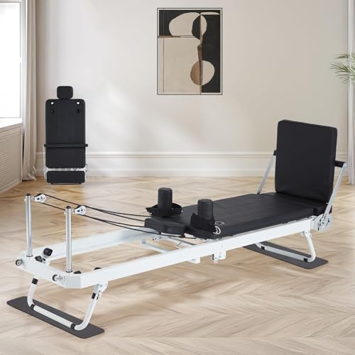 JOMEED Foldable Pilates Reformer Machine Equipment for Home Use and Gym Workout，Compact Pilates Board Up to 400LBS with Dual Resistance- Springs and Cords and Jump Boards