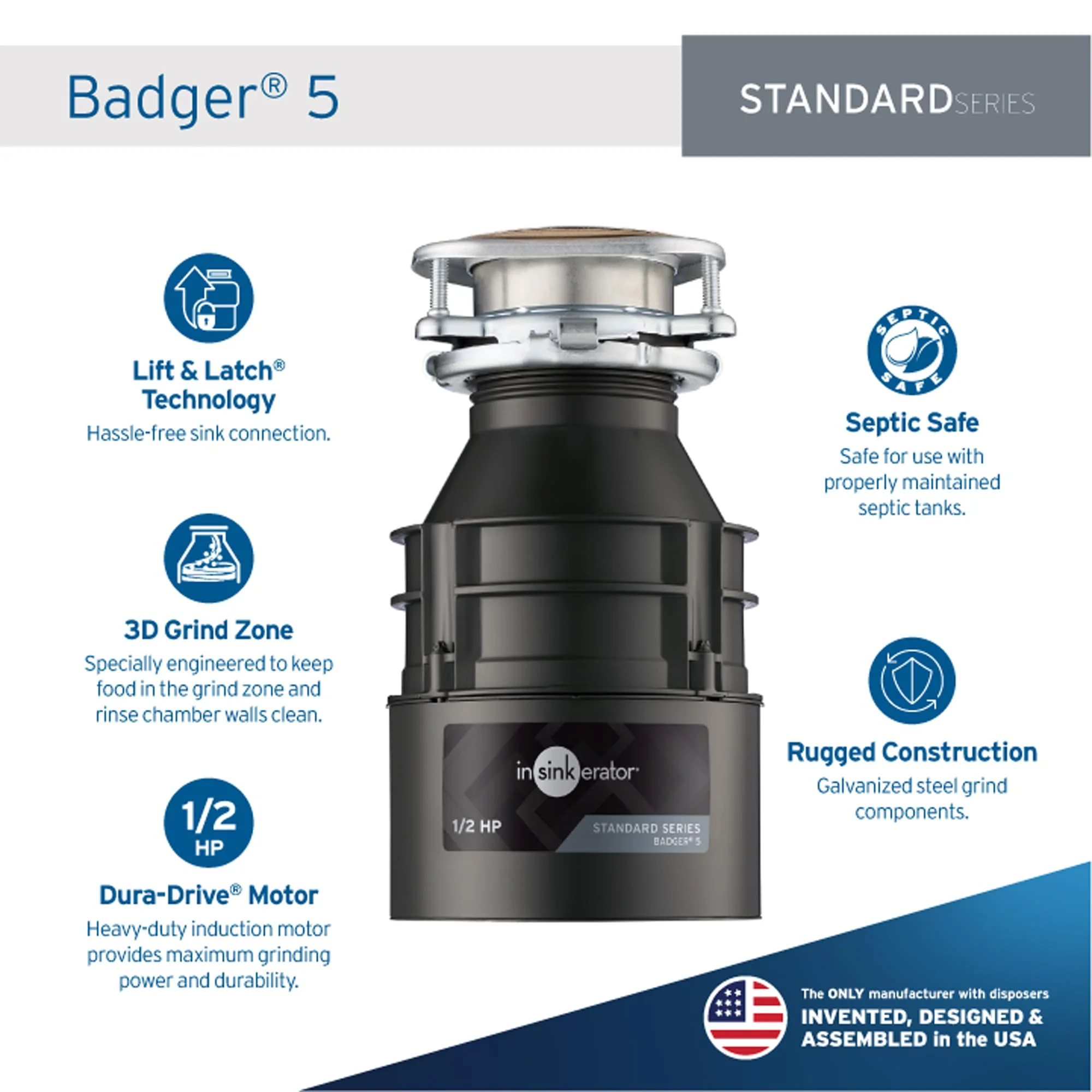 InSinkErator Badger 5 Food Waste Sink Continuous Feed Garbage Disposal, 1/2 HP