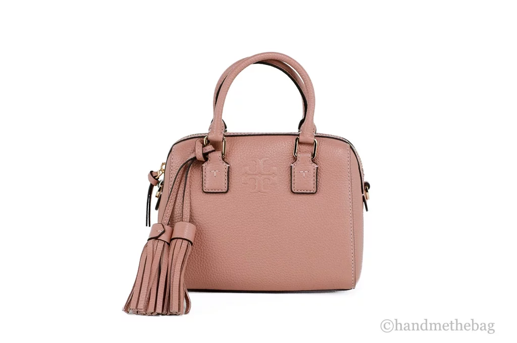 Tory Burch (87899) Thea Mini Pink Moon Pebbled Leather Web Satchel Crossbody Bag