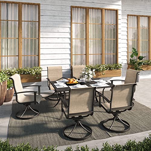 Grand patio 7-Piece Patio Dining Set for 6, Outdoor Dining Set with Swiviel Patio Chairs & 1 Rectangular Woodgrain Dining Table with Umbrella Hole, Mixed Coffee
