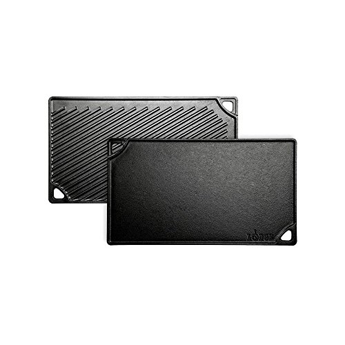 Lodge Reversible Cast Iron Grill/Griddle – 9.5 x 16.75 Inch Pre-Seasoned Cooking Surface – Flat & Ribbed Sides – Use on Stove, Grill, or Campfire – Made in the USA – Heavy-Duty, Black