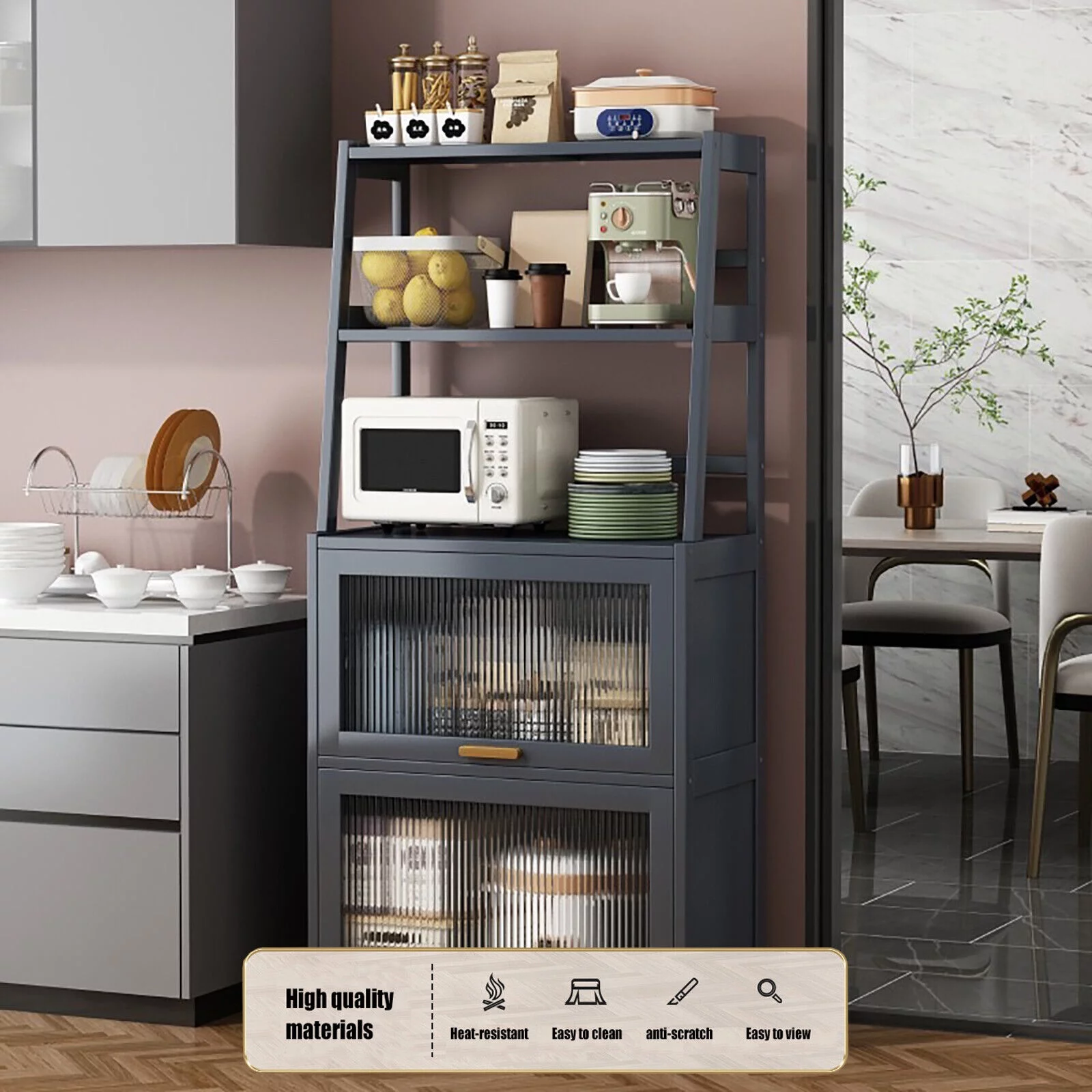 5-Tier Kitchen Bakers Rack w/Cabinet Freestanding Kitchen Pantry Storage Cabinet with 2 Flip-up Hover Acrylic Door Kitchen Storage Rack Buffet Cabinet Utility Storage Shelf,63In