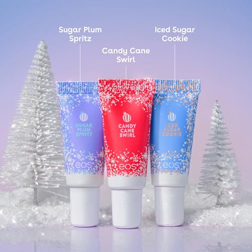 eos Holiday 24H Moisture Mini Super Balm Set, Sugar Plum Spritz, Candy Cane Swirl, Iced Sugar Cookie, Limited Edition Lip Care, Stocking Stuffers, 0.24 fl oz, 3-pack