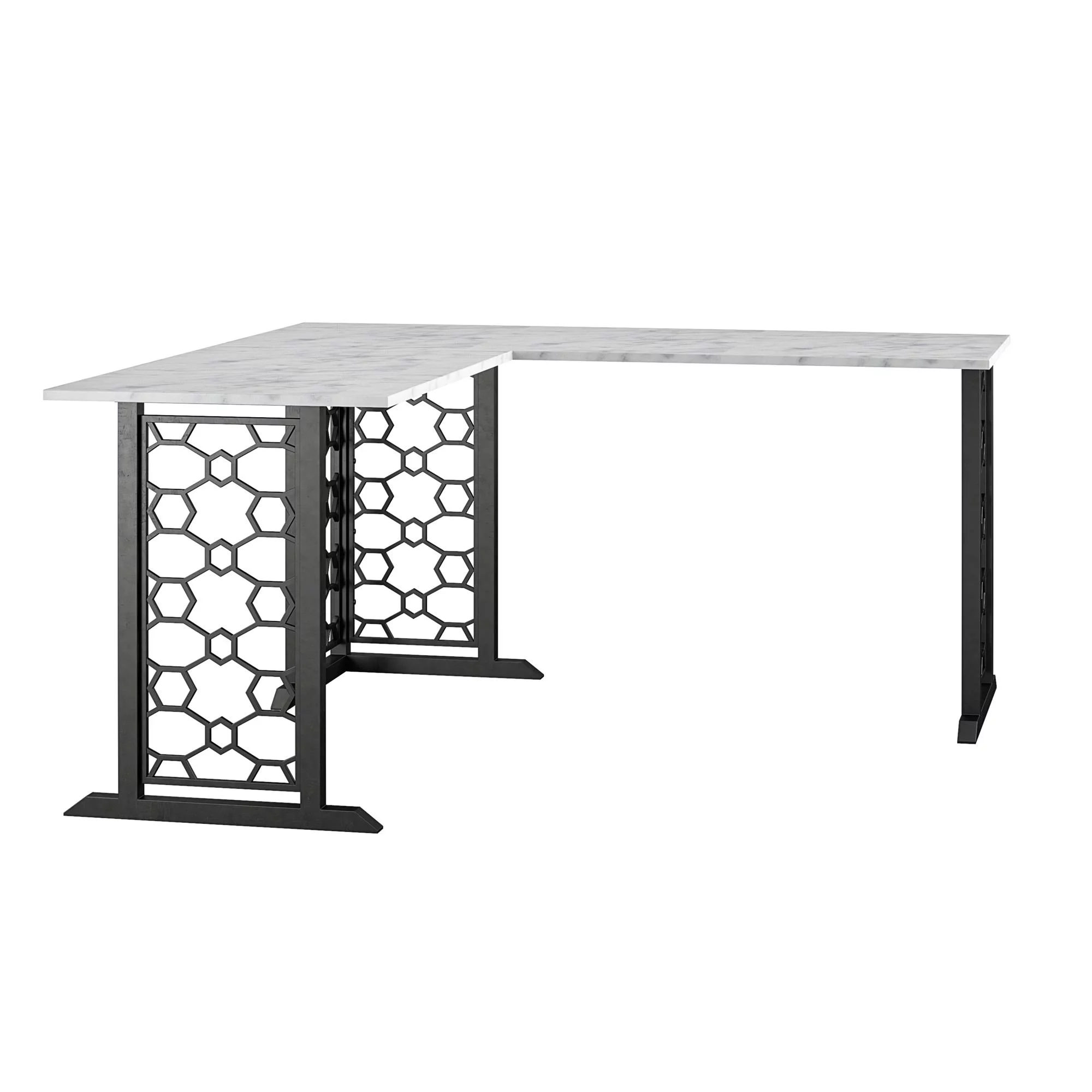 Ella L Desk, White Faux Marble/Black