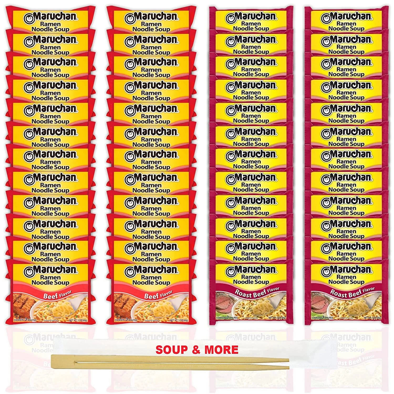 Maruchan Ramen Instant Noodle Soup Variety, 2 Flavors - 24 Packs Beef & 24 Packs Roast Beef , 3 Ounce Single Servings Lunch / Dinner Variety