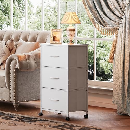 WLIVE Dresser with 3 Drawers, Fabric Nightstand, Cabinet with Wheels, Organizer Storage Dresser for Bedroom, Office, Closets, Black Dresser with Sturdy Steel Frame, Easy Pull Handle