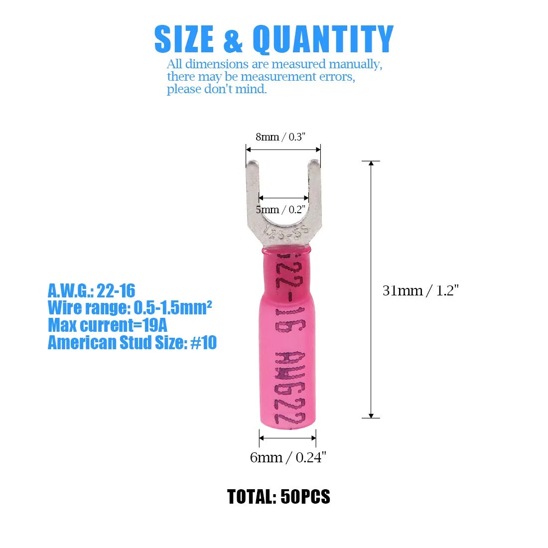 Glarks 50pcs 22-16 Gauge #10 Heat Shrink Fork Connectors Electrical Insulated Fork Crimp Terminals Connectors Assortment Kit (Red)