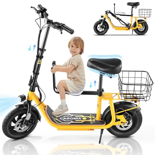 Caroma Peak 500W/800W/1200W Electric Scooter with Seat, 30 Miles Max Range Electric Scooter Adults&Teens, 48V Large Battery, 20MPH Top Speed Foldable Ebike, Adjustable E-Bike with Basket&Kid Seat
