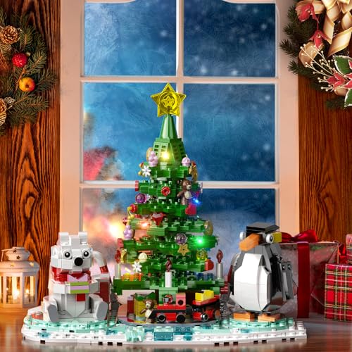 Christmas Tree Building Kit, Christmas Tree Building Block with Lights, Compatible with Lego Christmas Tree Buildings with Polar Bear Penguin Set, Holiday Present for Boys, Girls and Adults (802 PCS)