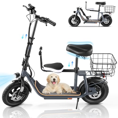 Caroma Peak 500W/800W/1200W Electric Scooter with Seat, 30 Miles Max Range Electric Scooter Adults&Teens, 48V Large Battery, 20MPH Top Speed Foldable Ebike, Adjustable E-Bike with Basket&Kid Seat