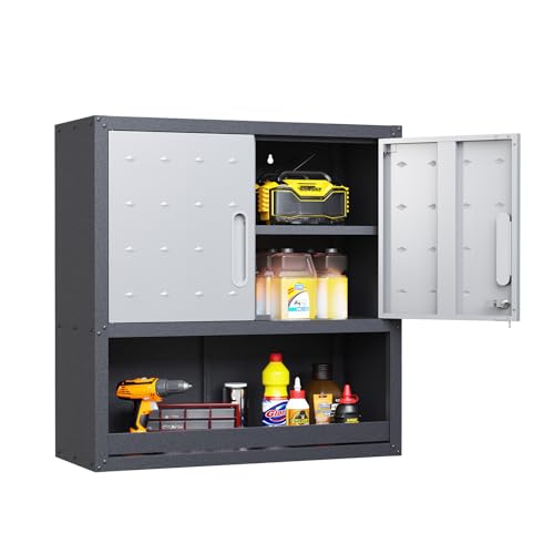 Garage Storage Cabinet Wall Cabinet with 2 Doors,Lockable Tool Cabinets Wall Mounted with Adjustale Shelves,Heavy Duty Steel Hanging Cabinets for Warehouse Kitchen Laundry,Assembly Required