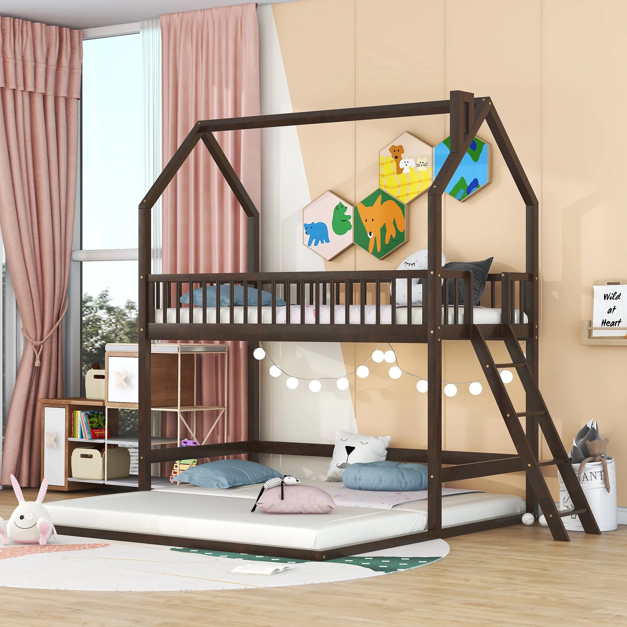 Churanty House Floor Bunk Bed for Kids Twin Over Twin House Bunk Bed with Extending Trundle and Roof,Espresso