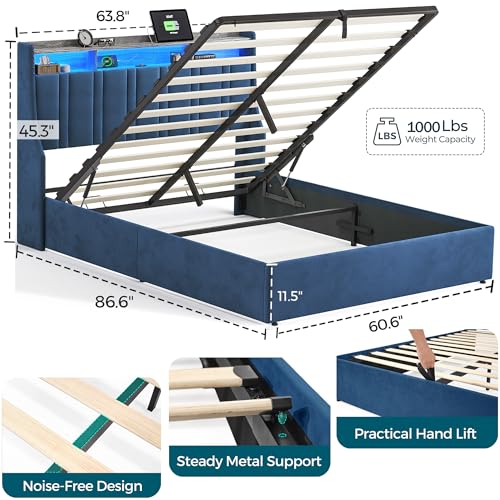 LINSY Lift Up Storage Bed Queen Bed Frame with Storage, Upholstered Bed Frames with Headboard, Queen Size Platform Bedframe with LED Lights & Charging Station, No Box Spring Needed, Dark Grey
