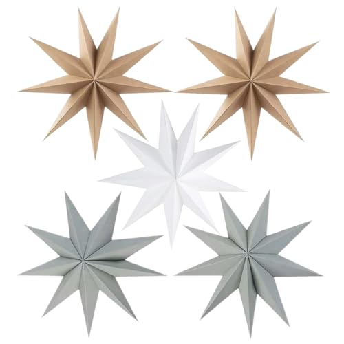 5Pcs Beige Brown Paper Star 12 Inch 9-Pointed Hanging Star Lanterns for Christmas Wedding Birthday Home Winter Party Decortion