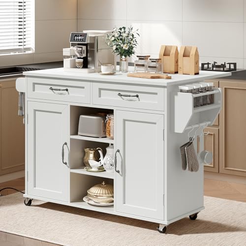 Kitchen Island with Power Outlets & Drop Leaf, Kitchen Cart with Storage, Drawer and Spice Rack, Tower Rack, Island Table, White and Walnut