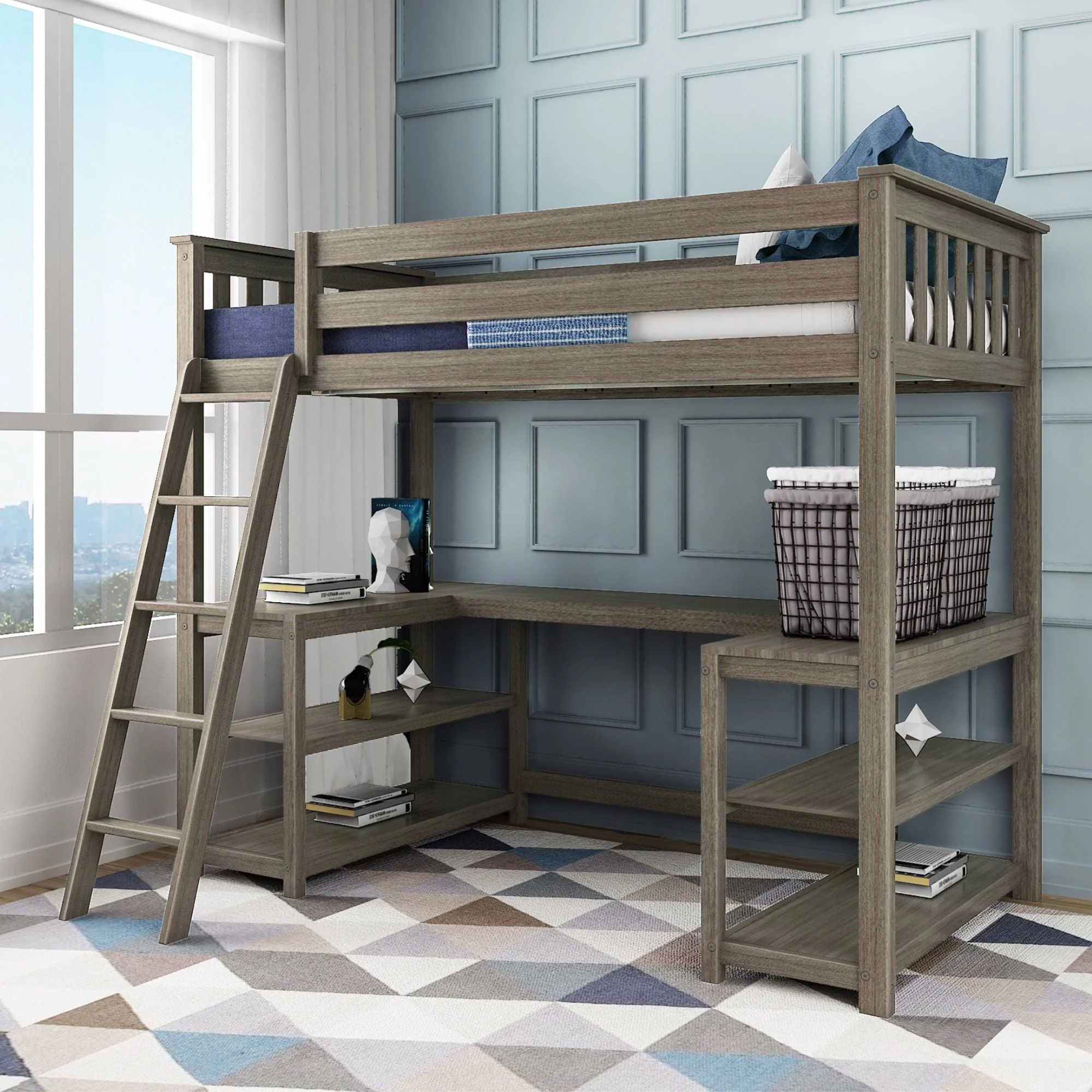 Max & Lily Twin Loft Bed, Modern Solid Wood High Loft Bed with Desk and Storage Shelves for Kids, Clay