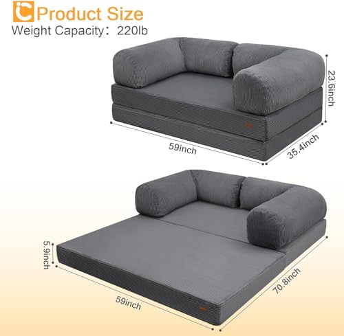 COMAX Folding Sofa Bed, Convertible Chair Bed Corduroy 3-in-1 Foldable Floor Couch with High-Density Foam, Futon Sofa Sleeper Mattress, Comfy Fold Out Lounge for Living Room, Dark Grey, Twin