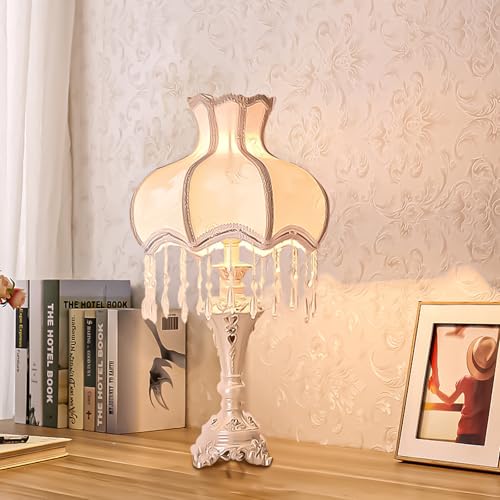 Classical Victorian Table Lamp European Style Fabric Desk Lamps with Fringe Beaded Lampshade Painted Resin Base Handmade Vintage Flower Bedside Night Light for Bedroom Living Room Office (13inch)