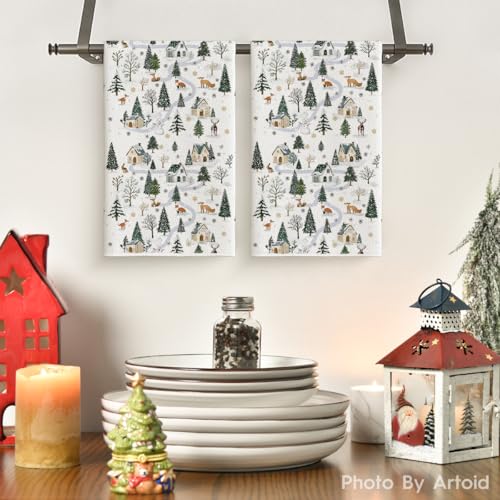 Artoid Mode Fox Snowman Xmas Tree Christmas Kitchen Towels Dish Towels, 18x26 Inch Farmhouse Snowflake Winter Decoration Cleaning Set of 2