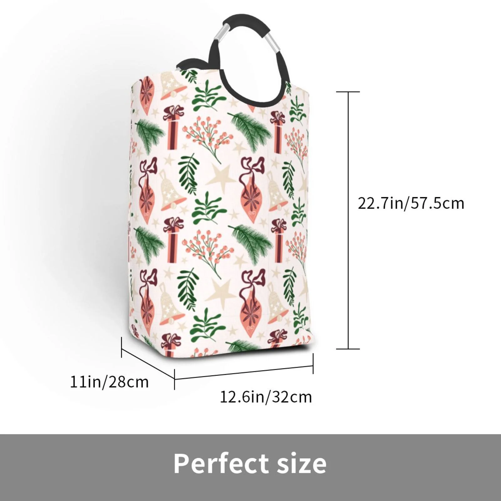 XMXT Collapsible Laundry Basket Hamper, Cartoon Christmas Bells Design Large Laundry Bag Clothes Hamper with Aluminum Handle, 50L