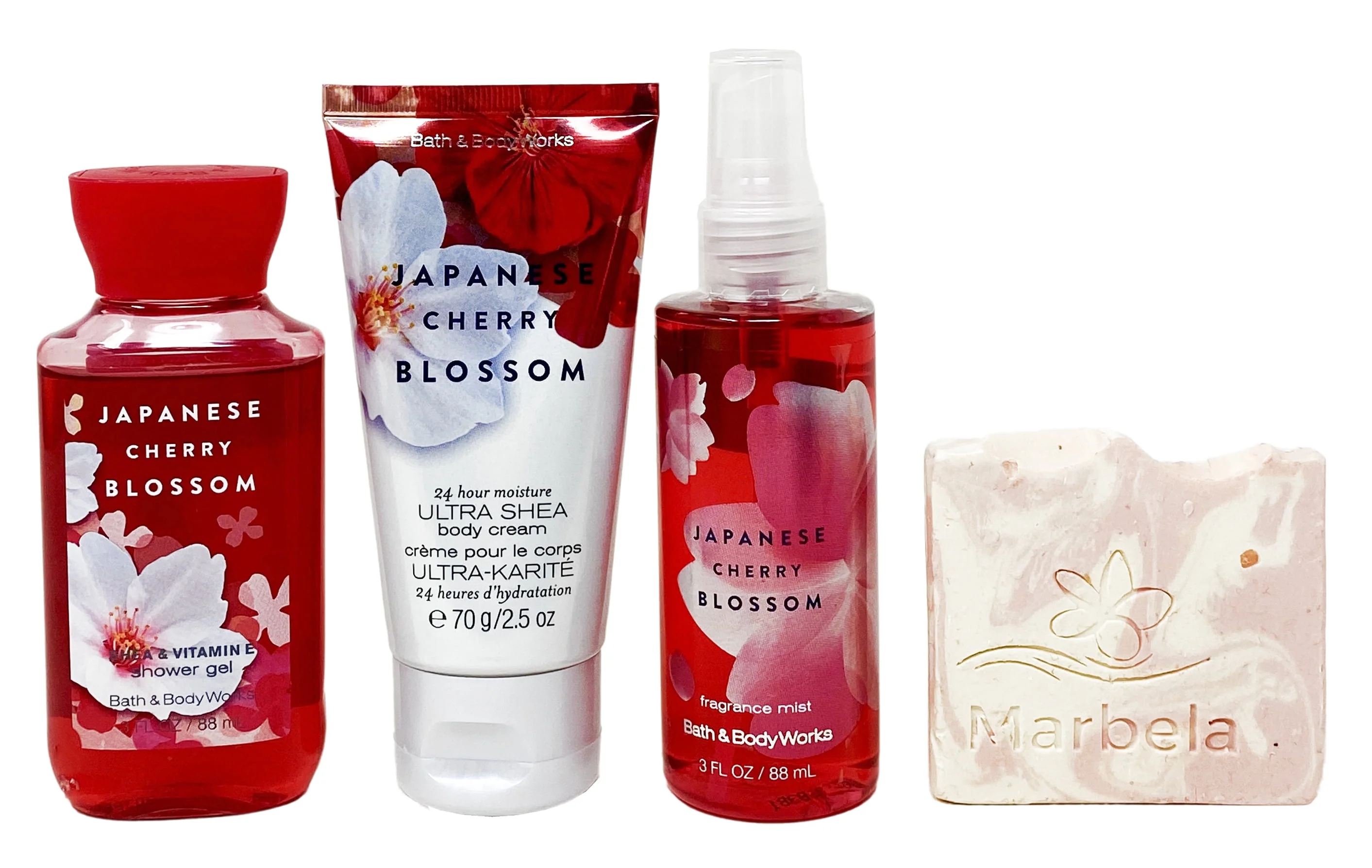 Bath & Body Works Japanese Cherry Blossom - Trio Gift Set Travel Size - Fragrance Mist, Body Cream and Shower Gel With a Himalayan Salts Springs Sample Soap.