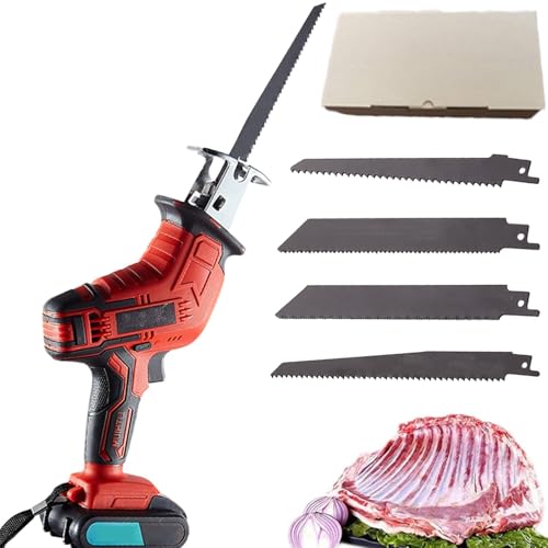 Cordless Electric Bone Saw, Electric Reciprocating Bone Saw with LED Light, 4 Saw Blade, 3000RPM Handheld Butcher Bone Saw, 1.5AH Rechargeable Cutting Machine for Wood/Metal/PVC Cuting