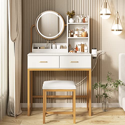 Makeup Vanity Desk with Round Mirror and Lights, Vanity Makeup Table with 2 Drawers, Small Vanity Table for Bedroom with Lots Storage (Brown with Charging, 15.75 * 31.5 * 53.6in)