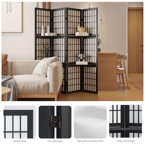 Room Divider, 66.9Inch Tall Japanese Shoji Style Folding Wood Screen with Double Hinges for Home Office Bedroom Hotel Decoration (4Panels, Black)