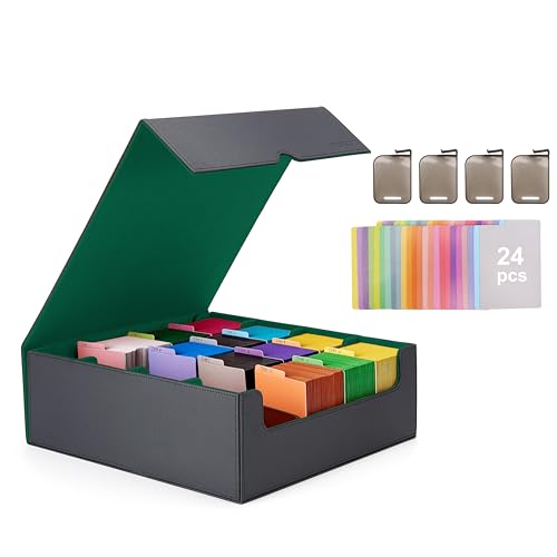 Venssu Card Storage Box For Trading Cards With Dedicated Card Supporters,3000+ Mtg Deck Box With 24 Colorful Divider Tabs,Trading Card Storage Fits For Magic Game Cards (Black and Grey)