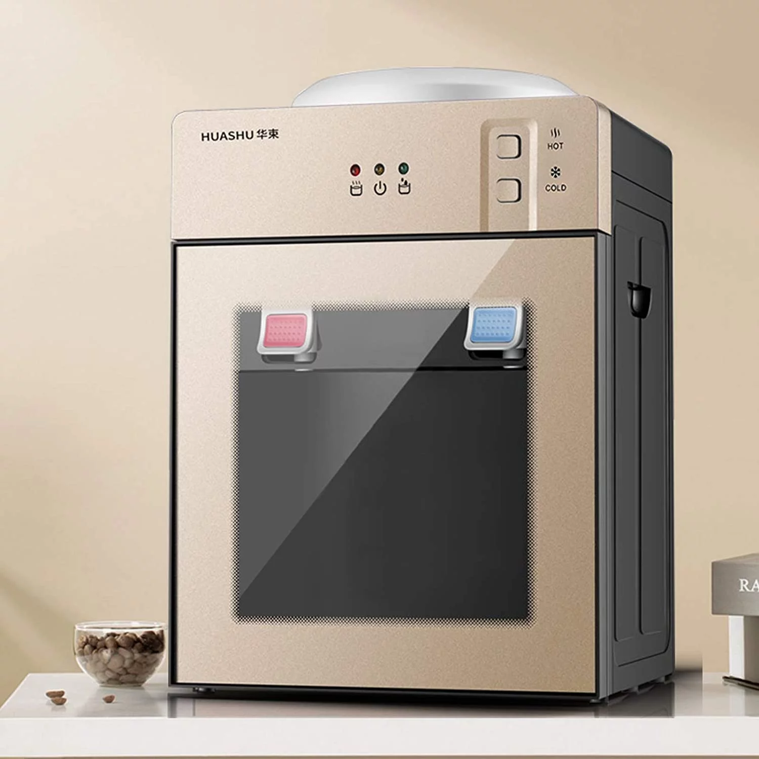 Miumaeov Countertop Hot and Cold Water Dispenser, Mini Refrigerated Desktop Water Dispenser, Hot and Cold Water, Home Office Coffee and Tea Bar 110V (Champagne Gold)