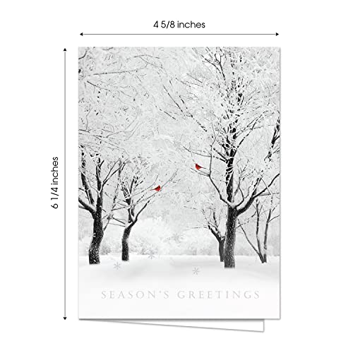 Masterpiece Holiday Greetings Trimmed In Scarlet Christmas Cards / 16 Boxed Snowy Cardinal Wreath Holiday Cards With Silver Foil Lined Envelopes / 5 5/8