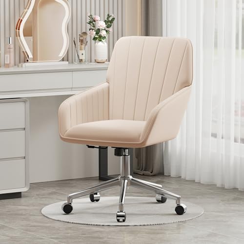 Velvet Home Office Chair with Gold Base Upholstered Tufted Modern Height Adjustable 360 Degree Swivel Desk Chair with Wheels, Vanity Chairs for Living Room, Bedroom,Study Room (Cream)