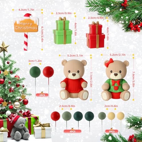 14pcs Christmas Cake Topper Merry Christmas Cake Topper with Bear Gifts Balls Cake Decorations for Winter Xmas Theme Birthday Happy New Year Party Decorations