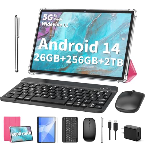 2025 Tablet, Android 14 Tablets 10 inch with Keyboard, 26GB RAM+256GB ROM(2TB Expand), 2-in-1 Tablets with 8-Core, 8000mAh, 5G WiFi, Widevine L1, GMS, with Case, Keyboard, Mouse, Stylus(Black)