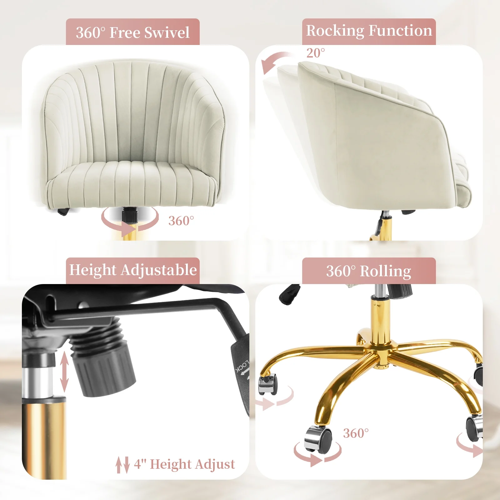 WangSiDun Modern Swivel Office Chair, Velvet Adjust Desk Armchair with Wheels for Bedroom Living Room, Ivory