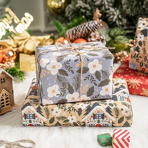 RUSPEPA Christmas Kraft Wrapping Paper - Owl, Reindeer, Christmas Ball and Text Design - 4 Rolls - 30 inches x 10 feet per Roll