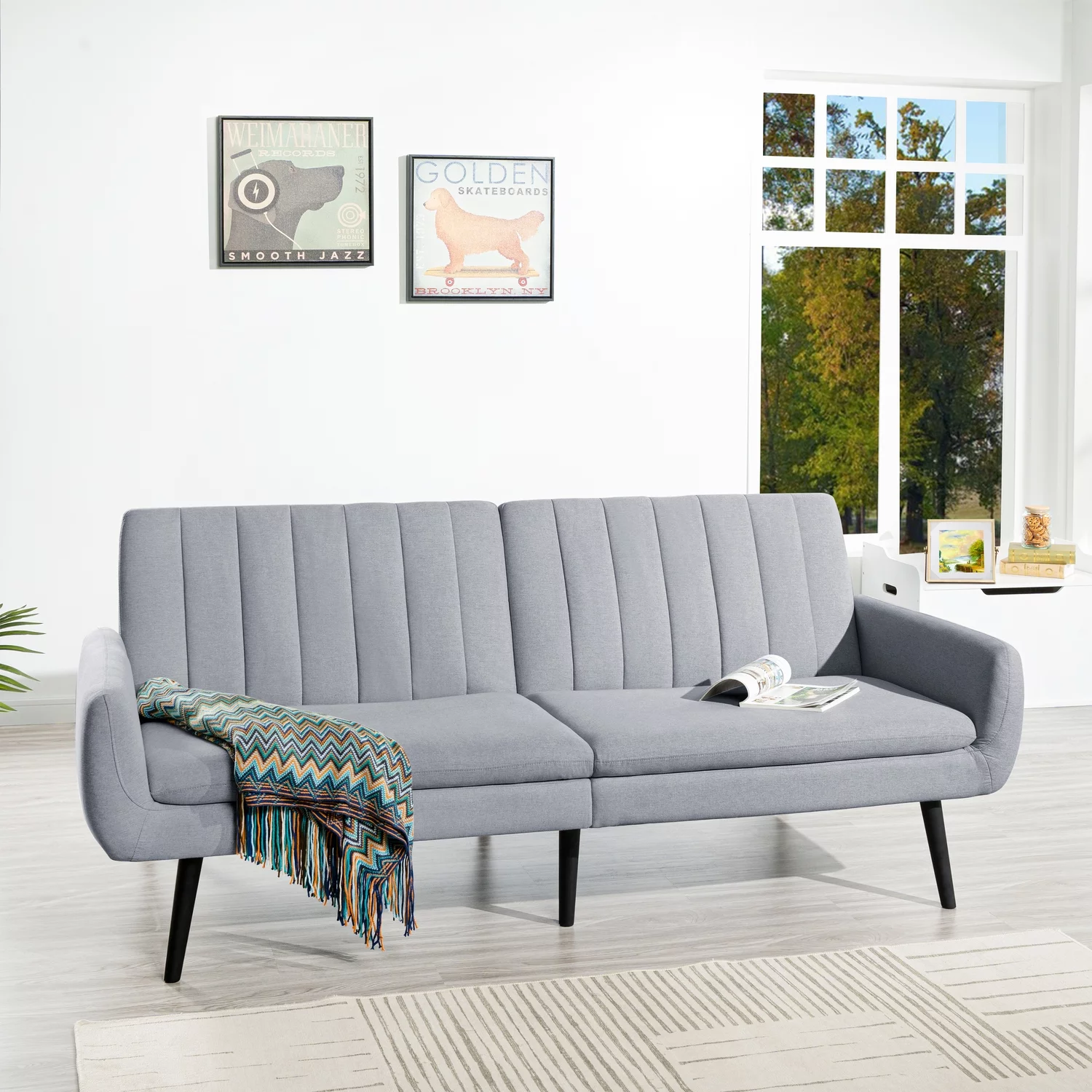 Naomi Home Raven Minimalist Comfort Futon Sofa Bed-Color:Light Gray,Material:Linen