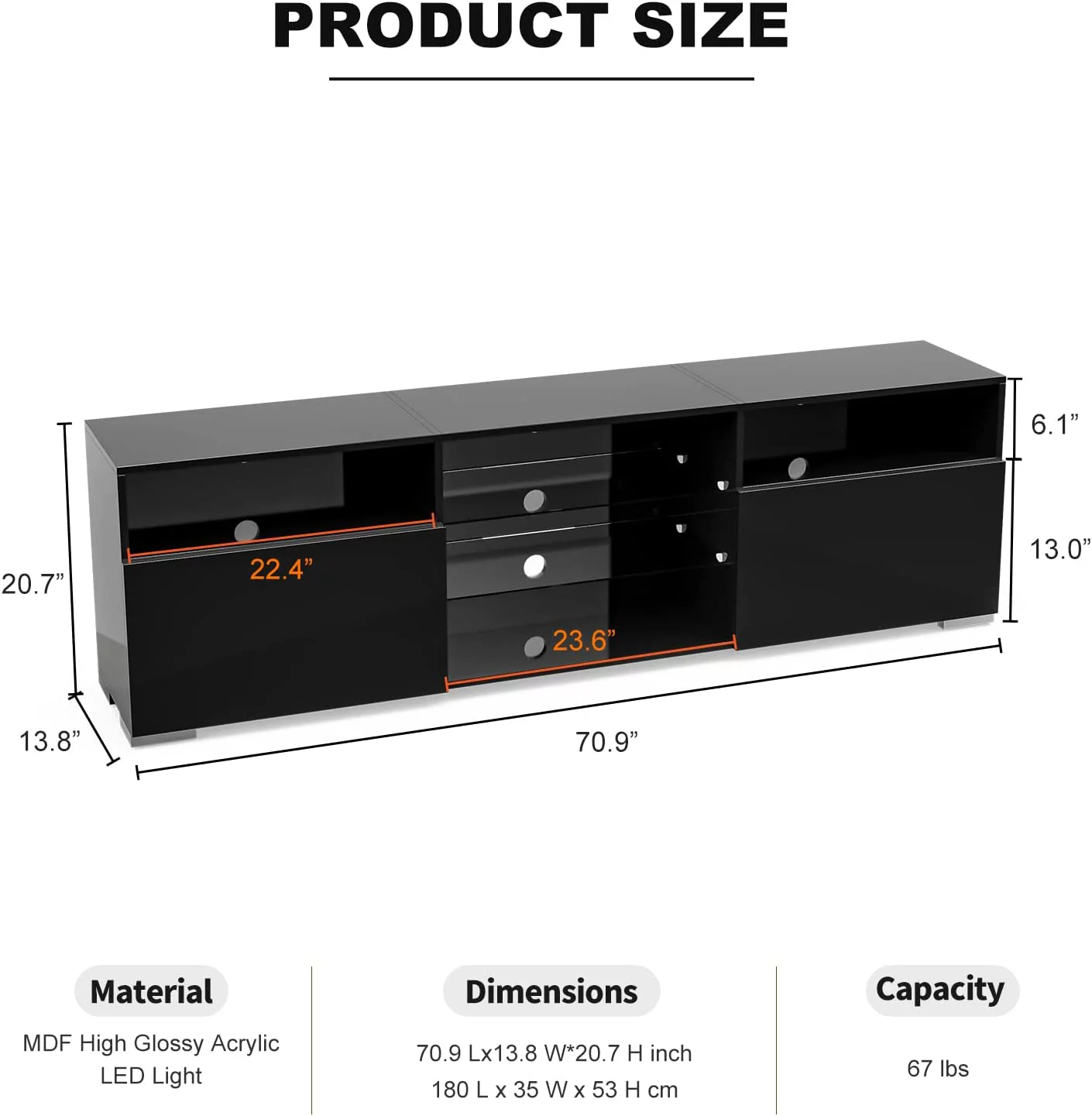 IKIFLY LED TV Stand for 75 inch TV, Modern Entertainment Center w/ 16 Colors Lights and High Glossy Cabinets, Black TV & Media Furniture Console for Under TV Living Game Room Bedroom