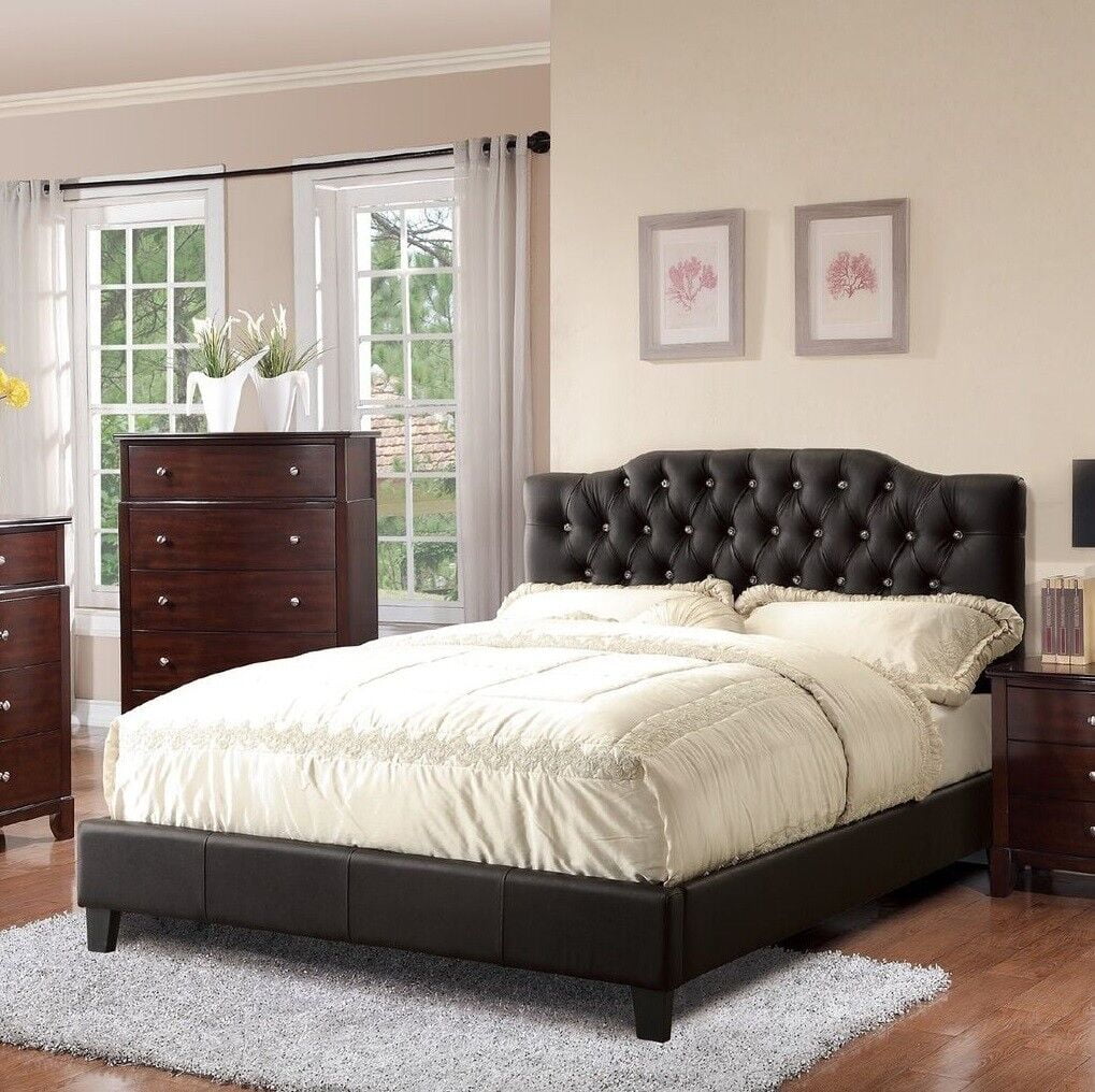 Black Faux Leather California King Size Bed 1pc Bedframe Tufted Headboard Plywood Slats Platform Bed Bedroom Furniture