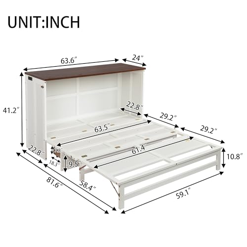 KEIKI Queen Size Murphy Bed with Charging Station, USB Ports & Storage Drawers, Pine Folding Cabinet Bed for Guest Room, Bedroom, Office, Living Room – White & Walnut (No Mattress Included)