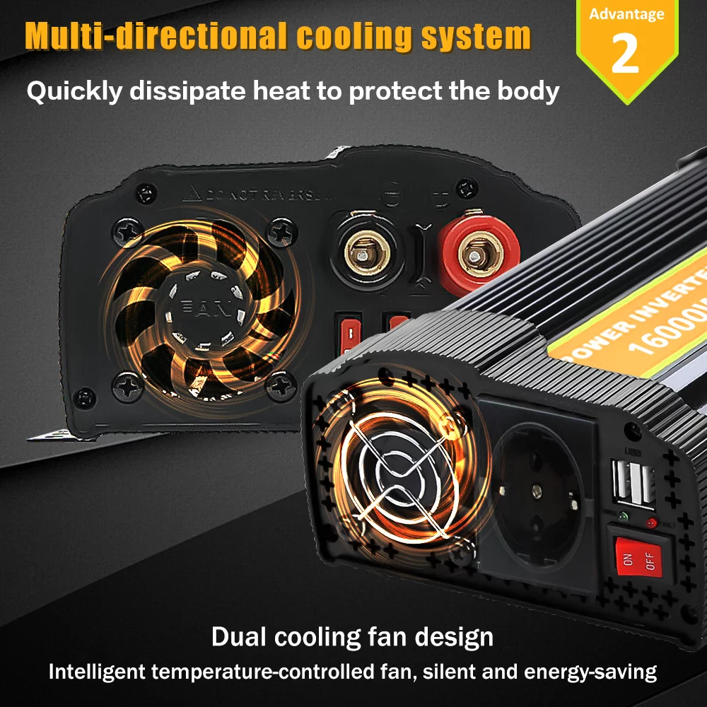 DFITO Inverters, 16000 Watts Power Inverters Converter Adapter DC 12V TO AC 110V Car Converter with Dual Ac Outlet and USB Car Charger