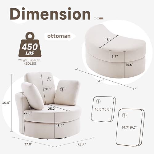 39” Swivel Accent Barrel Chairs with Removable Headrest, Chaise Lounge Indoor with Neck Support Pillow, Swivel Chairs for Living Room, Oversized Chair with Ottoman, Beige