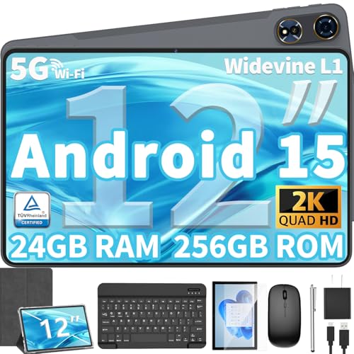 12 Inch Tablet Android 15 Tablets, 2025 Upgraded Android Tablet with Keyboard, 24GB RAM+256GB ROM(1TB Expand), Octa-Core, 2K 2000x1200 Display, 16MP Dual Camera, 8000mAh, 2.4G/5G WiFi, GPS (Black)