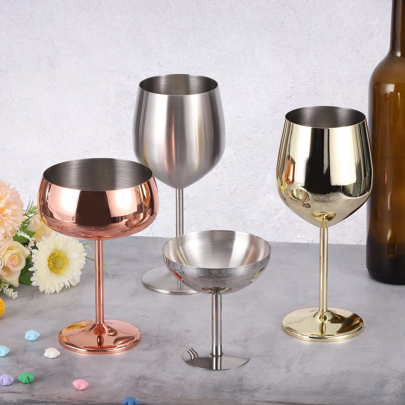 Unbreakable Stemmed Champagne Glasses, 500ml/18 OZ Red Wine Glass Metal Stemmed Shatter Proof Champagne Flutes，Gold