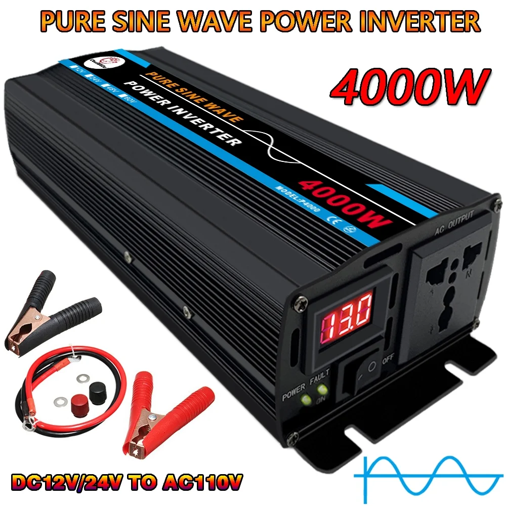 Pure Sine Wave Inverter, 4000W Power Inverter DC12V to AC 120V Car RV Converter Charger Adapter