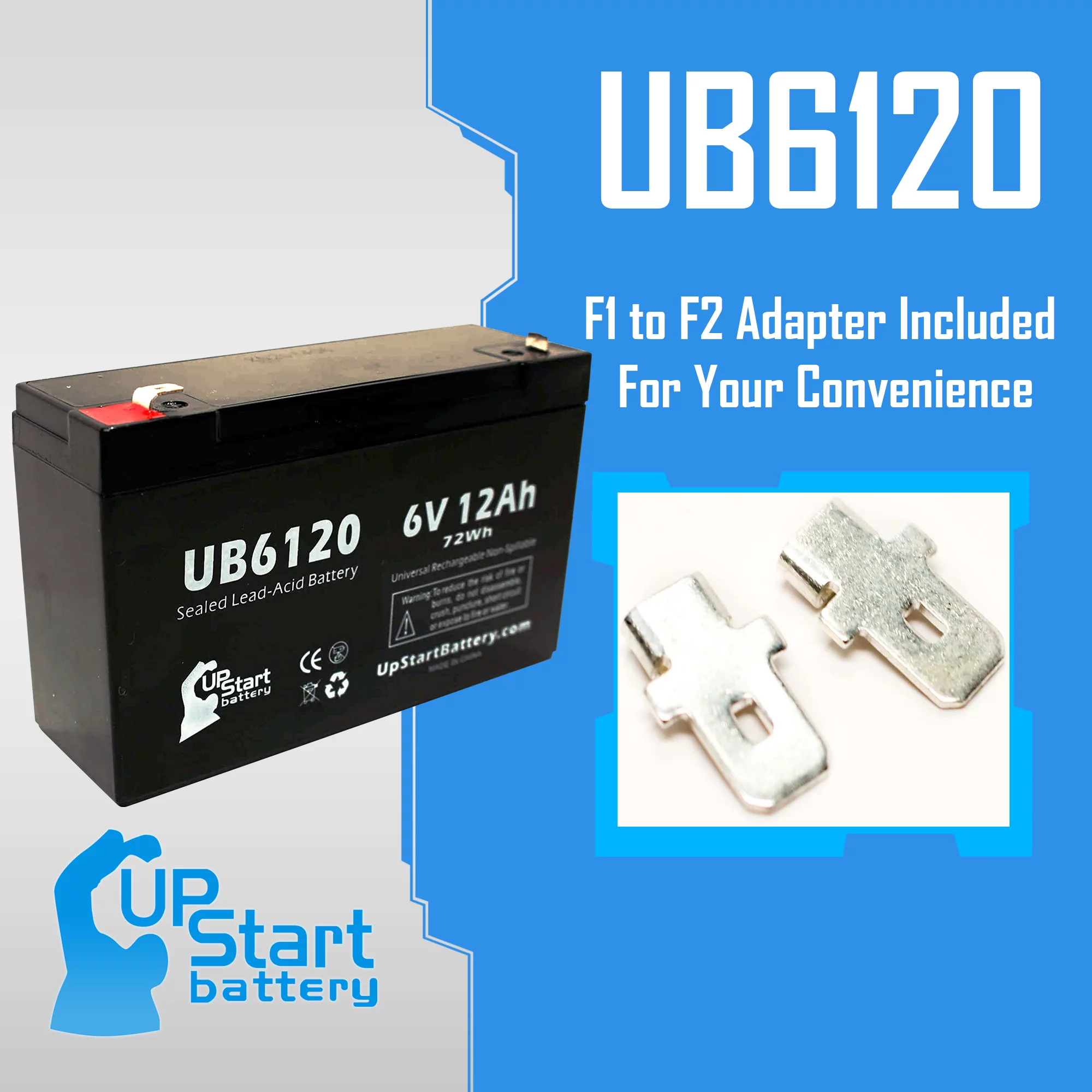 3x Pack - Compatible W. W. GRAINGER 5VC09 Battery - Replacement UB6120 Universal Sealed Lead Acid Battery (6V, 12Ah, 12000mAh, F1 Terminal, AGM, SLA) - Includes 6 F1 to F2 Terminal Adapters